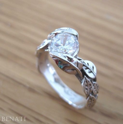 Moissanite Engagement Ring, Floral Vine Ring