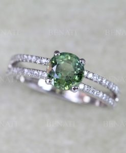 Green sapphire and diamond engagement ring, Green sapphire cluster ring 14k rose gold