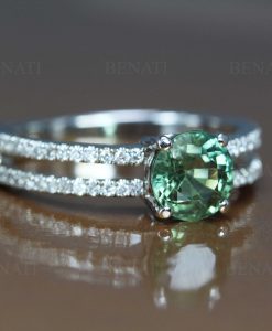 Green sapphire and diamond engagement ring, Green sapphire cluster ring 14k rose gold - Image 2