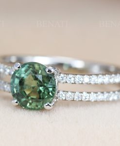 Green sapphire and diamond engagement ring, Green sapphire cluster ring 14k rose gold - Image 3