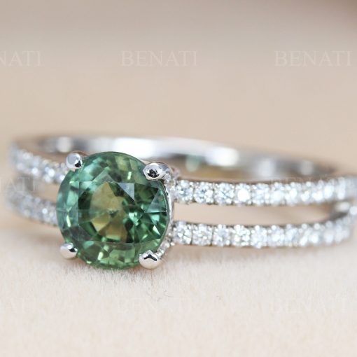Green sapphire and diamond engagement ring, Green sapphire cluster ring 14k rose gold
