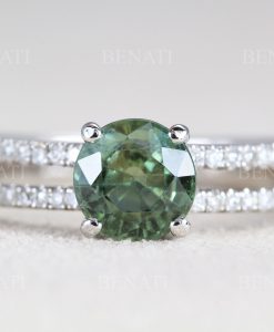 Green sapphire and diamond engagement ring, Green sapphire cluster ring 14k rose gold - Image 7