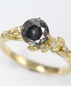 Salt and pepper diamond leaves engagement ring, 14k Gold vintage alternative nature ring