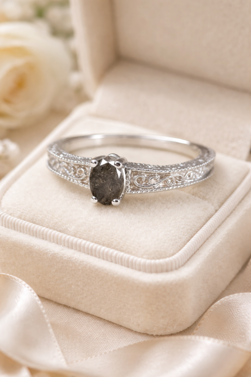 Salt and pepper diamond vintage ring, Antique engagement ring