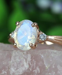 Moonstone Antique Engagement Ring, Three Stone Diamond Vintage Moonstone Ring