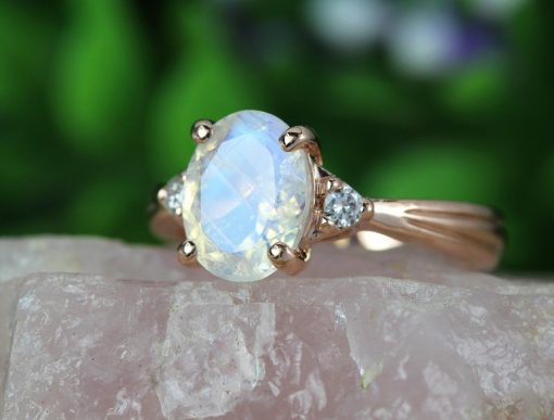 Gold Twig and Maple Leaf Pear-Cut Moonstone and Diamonds Cluster Engagement  Ring - Doron Merav