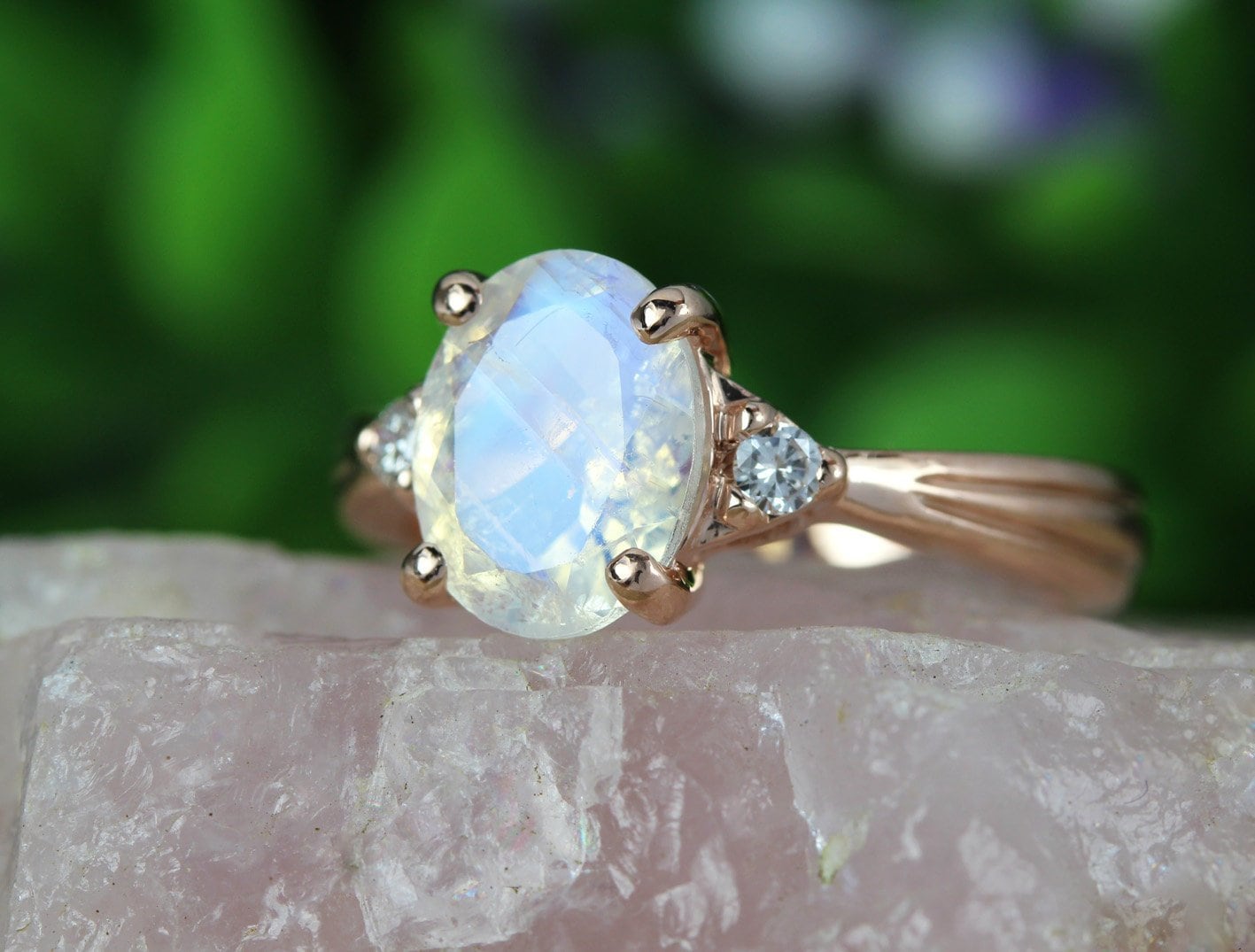 Moonstone Antique Engagement Ring, Three Stone Diamond Vintage ...