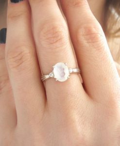 Moonstone Antique Engagement Ring, Three Stone Diamond Vintage Moonstone Ring - Image 3