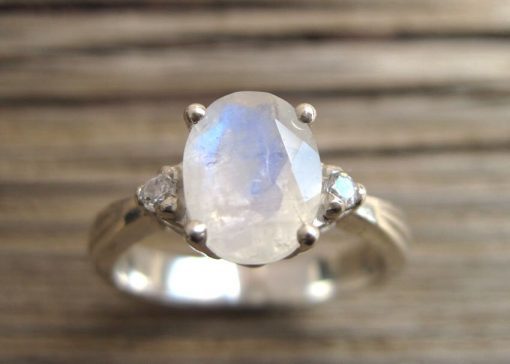 Moonstone Antique Engagement Ring, Three Stone Diamond Vintage Moonstone Ring