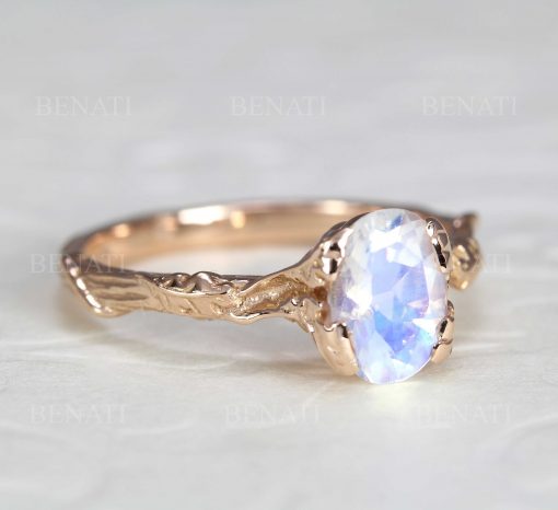 Nature-Inspired Oak 14K/18K Solid Gold & Moonstone ring | Artisan Leaf Promise/Engagement Ring | Fine, Beautiful and Unique Gemstone Ring