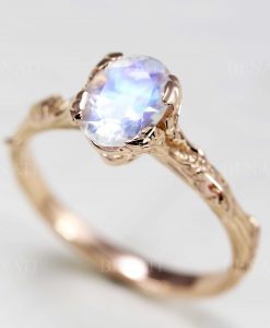 Nature-Inspired Oak 14K/18K Solid Gold & Moonstone ring | Artisan Leaf Promise/Engagement Ring | Fine, Beautiful and Unique Gemstone Ring - Image 3