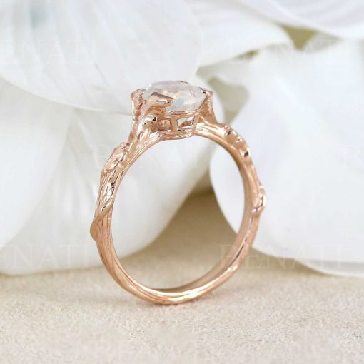Nature-Inspired Oak 14K/18K Solid Gold & Moonstone ring | Artisan Leaf Promise/Engagement Ring | Fine, Beautiful and Unique Gemstone Ring