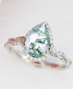 Moss agate vintage white gold engagement ring, Leaves engagement ring