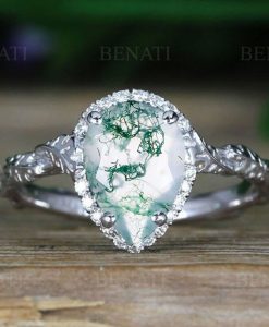 Moss agate vintage white gold engagement ring, Leaves engagement ring - Image 2