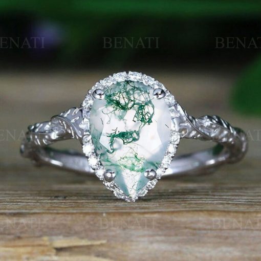 Moss agate vintage white gold engagement ring, Leaves engagement ring