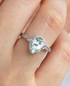 Moss agate vintage white gold engagement ring, Leaves engagement ring - Image 3