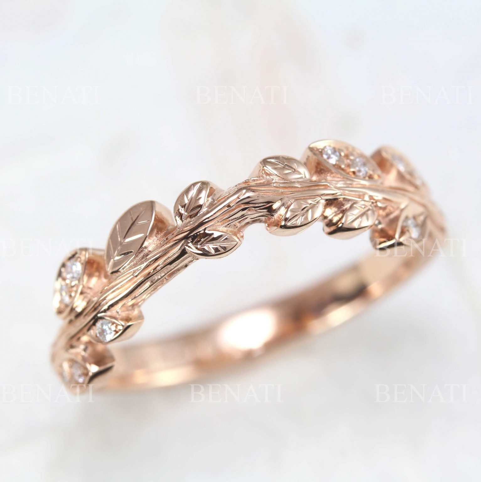 Rose gold leaf wedding ring, Leaf wedding band Benati