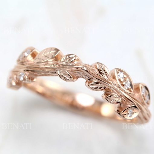Rose gold leaf wedding ring, Leaf wedding band
