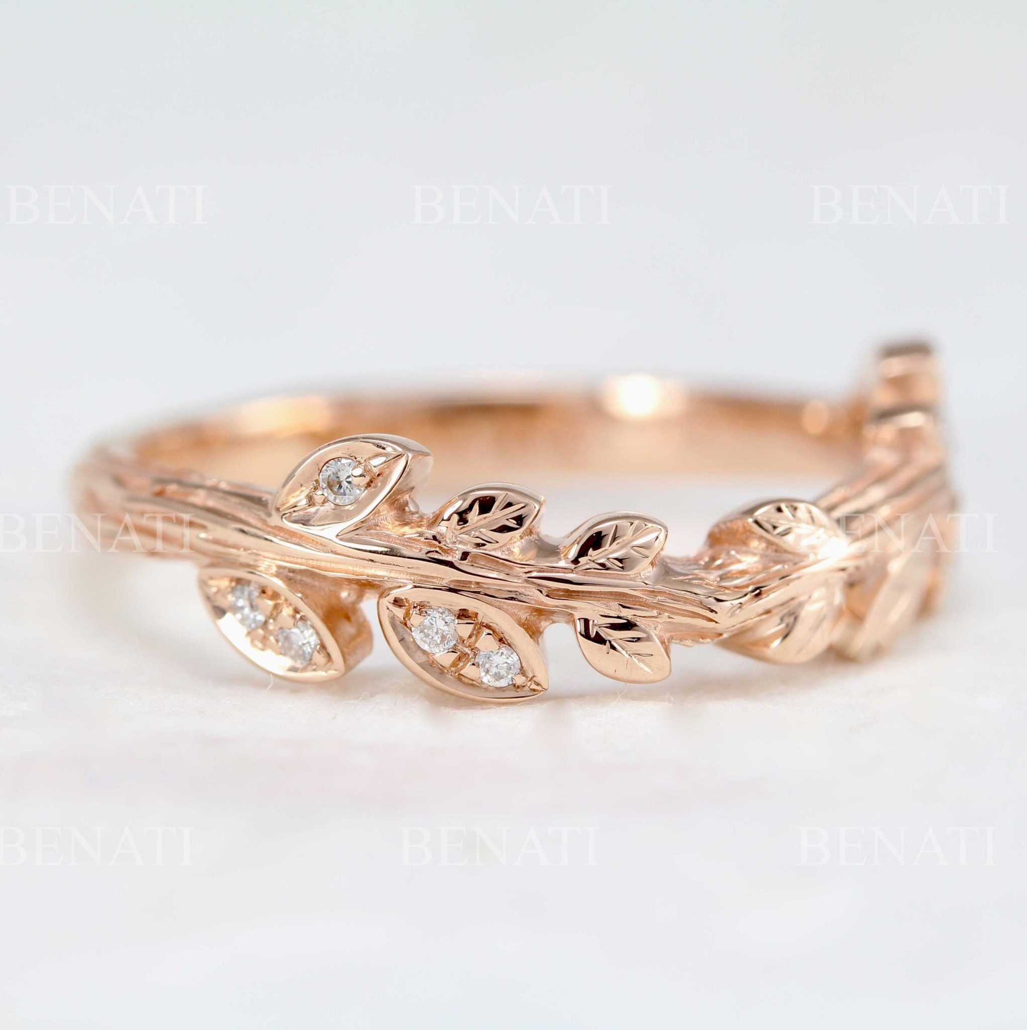 Rose gold leaf wedding ring, Leaf wedding band Benati