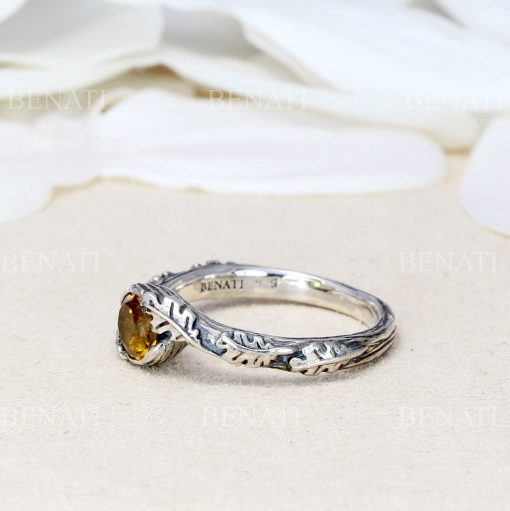 Citrine silver oak leaf ring, oak leaves ring
