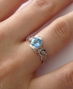 Leaf Ring, Blue Topaz Leaf Engagement Ring In White Gold - Image 3