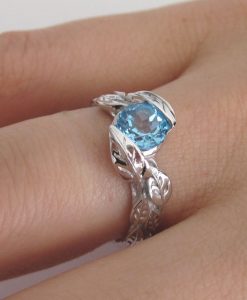 Leaf Ring, Blue Topaz Leaf Engagement Ring In White Gold - Image 4