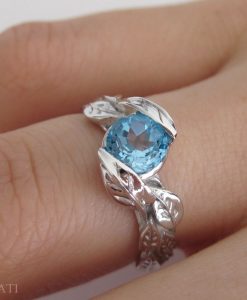 Leaf Ring, Blue Topaz Leaf Engagement Ring In White Gold - Image 6
