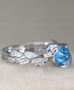 Leaf Ring, Blue Topaz Leaf Engagement Ring In White Gold - Image 7