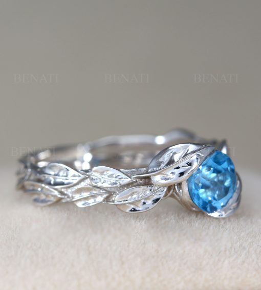 Leaf Ring, Blue Topaz Leaf Engagement Ring In White Gold