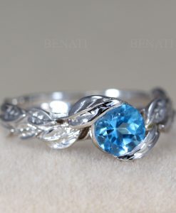 Leaf Ring, Blue Topaz Leaf Engagement Ring In yellow Gold
