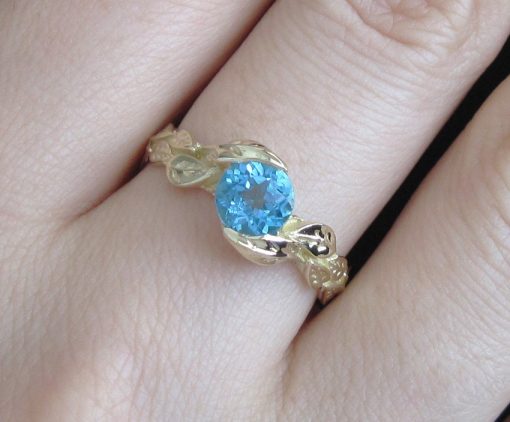Leaf Ring, Blue Topaz Leaf Engagement Ring In yellow Gold