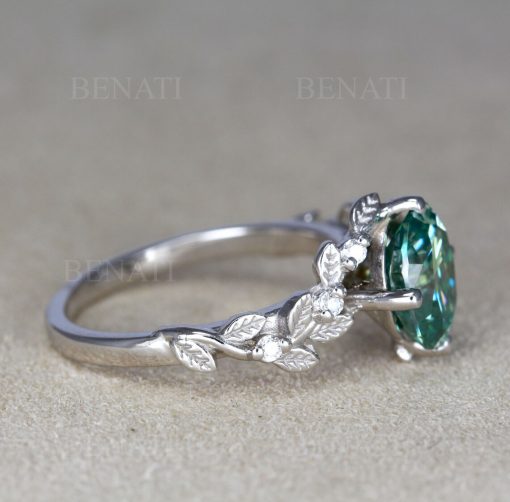 Leaf bridal ring, Oval green moissanite engagement ring, Leaf ring, Twig nature ring