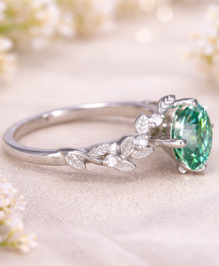 Oval green moissanite ring with accents - nature inspired theme by Benati