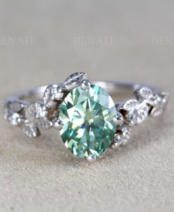 Leaf bridal ring, Oval green moissanite engagement ring, Leaf ring, Twig nature ring - Image 6