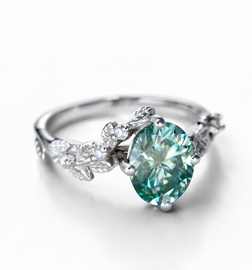 Leaf bridal ring, Oval green moissanite engagement ring, Leaf ring, Twig nature ring Leaf bridal ring, Oval green moissanite engagement ring, Leaf ring, Twig nature ring