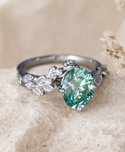 Oval green moissanite ring with accents - nature theme by Benati