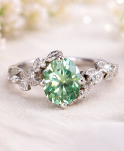 Large oval green moissanite leaves ring with diamond accents nature theme by Benati