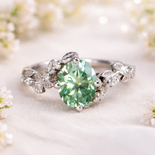 Large oval green moissanite leaves ring with diamond accents nature theme by Benati