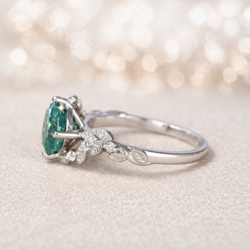 Leaf bridal ring, Oval green moissanite engagement ring, Leaf ring, Twig nature ring