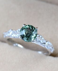 Natural green sapphire leaves engagement ring, 14k 18k Gold solitaire engagement ring