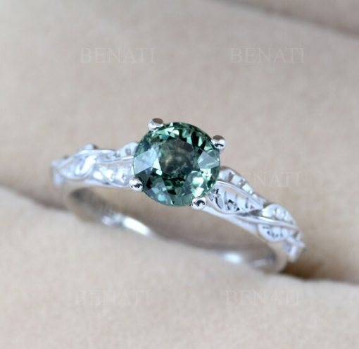 Natural green sapphire leaves engagement ring, 14k 18k Gold solitaire engagement ring