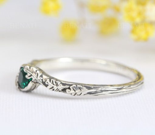 Emerald engagement ring, Emerald ring with leaves