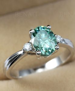 Green moissanite engagement ring with diamonds, 2 Carat antique oval vintage anniversary ring - Image 2