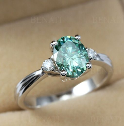 Green moissanite engagement ring with diamonds, 2 Carat antique oval vintage anniversary ring