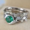 Twig and leaf bridal set, Natural emerald engagement ring, Leaf twig wedding set, Leaf ring set, Leaf ring wedding set, Leaf engagement ring