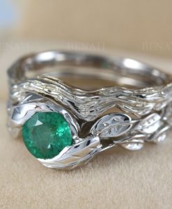 Twig and leaf bridal set, Natural emerald engagement ring, Leaf twig wedding set, Leaf ring set, Leaf ring wedding set, Leaf engagement ring - Image 2