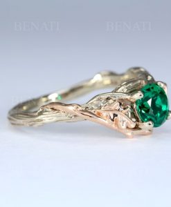 Twig and leaf engagement ring, Lab emerald engagement ring, Oak leaf ring - Image 6