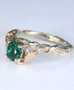 Twig and leaf engagement ring, Lab emerald engagement ring, Oak leaf ring - Image 2