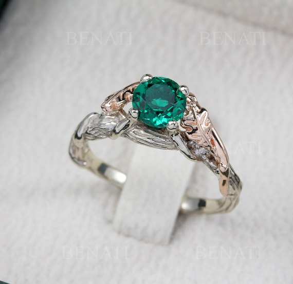 Twig and leaf engagement ring, Lab emerald engagement ring, Oak leaf