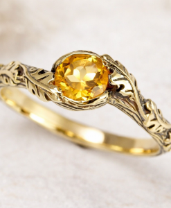 Gold black leaf oak ring, Citrine leaf oak ring, Yellow black band nature inspired ring
